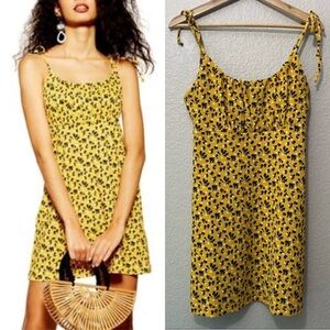 Topshop Yellow Ditsy Floral Tie Strap Dress Size US 10 Ruched Babydoll